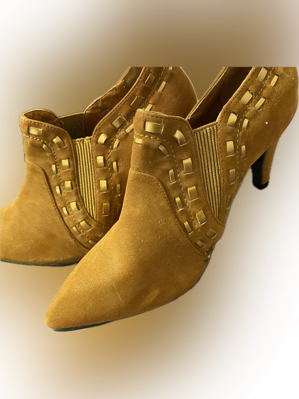 Pointed Suede Ankle Booties with Decorative Cutouts in Tan - Picture 9 of 16